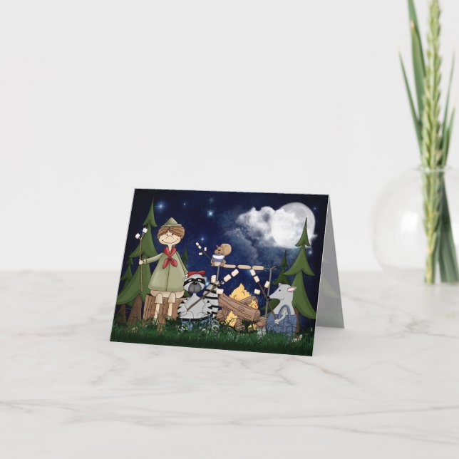 Camping Scout Boy with Racoon and Opossum Card (Front)