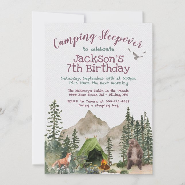 Camping Sleepover Woodland forest Birthday Party I Invitation (Front)