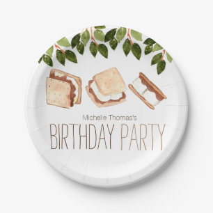 Camping smores birthday party paper plate. paper plate