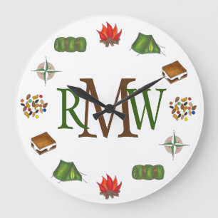 Camping S'mores Tent Fire Compass Monogram Large Clock