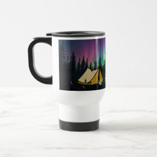 Camping - Snoozing Camper under Aurora Borealis Travel Mug