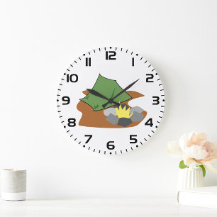 Camping Tent and Campfire Outdoor Adventure  Large Clock