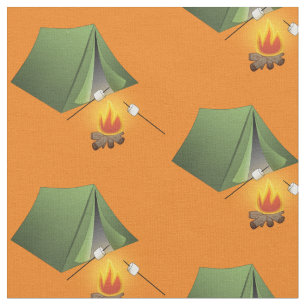 Camping Tent and  Campfire  Pattern Fabric