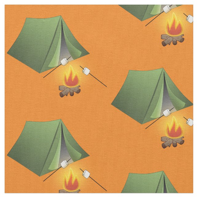 Camping Tent and  Campfire  Pattern Fabric (Close Up)