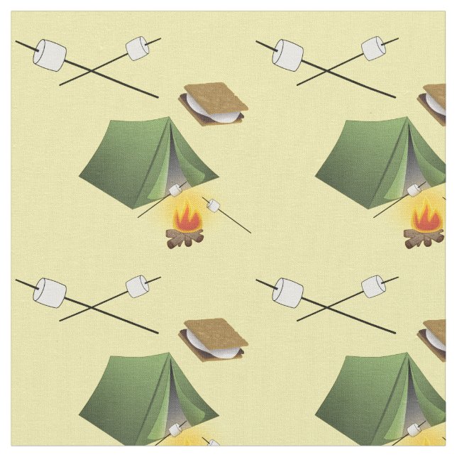 Camping Tent, Campfire and Smores Pattern Fabric (Close Up)