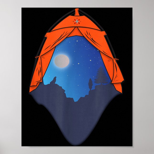 Camping Tent Night Scene _ Wolf Howling at the Poster (Front)
