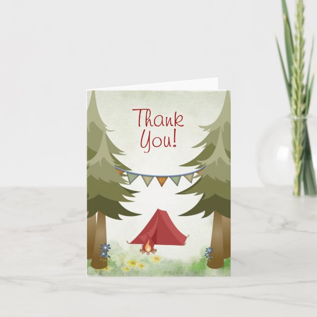 Camping Tent with Campfire and Trees Woodland Thank You Card (Front)