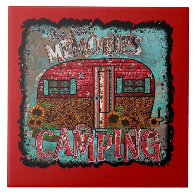 Camping The Best Memories Retro Shabby Trailer Tile (Front)