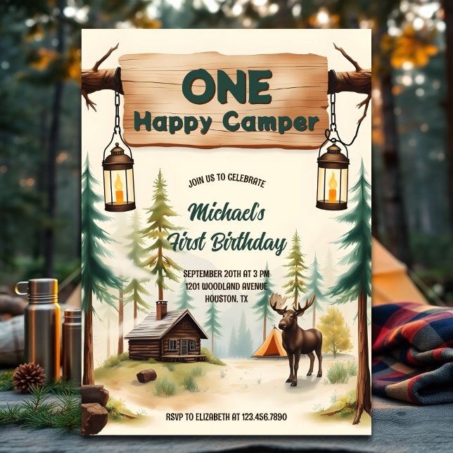 Camping Theme Boy One Happy Camper 1st Birthday Invitation (One Happy Camper 1st Birthday Invitation – Rustic Woodland Camping Theme for Boy)