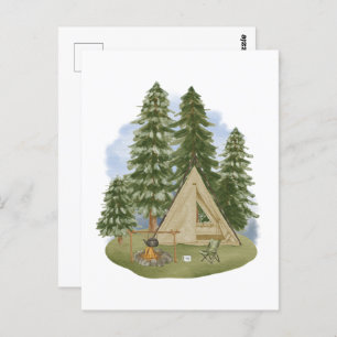 Camping Theme Campfire, Tent, Forest, Trees  Postcard