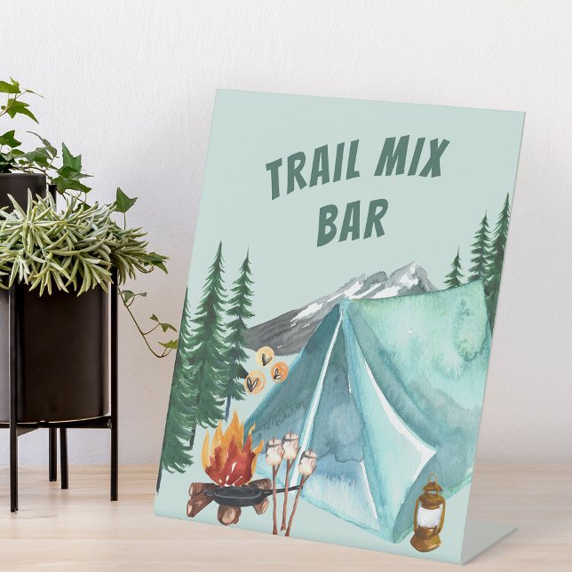 Camping Theme Editable Party Food Bar Station Pedestal Sign (Trail Mix Bar sign with camping theme)