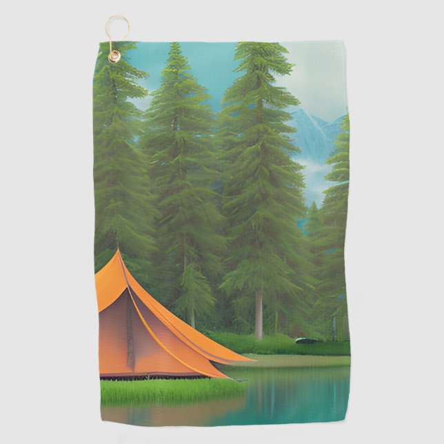 Camping Themed Art | Tent in the Woods on the Lake Golf Towel (Front)