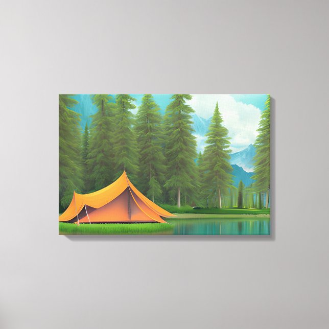 Camping Themed Art | Tent on the Lake in the Woods Canvas Print (Front)
