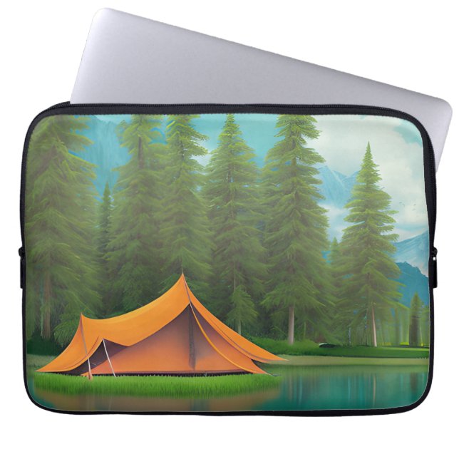 Camping Themed Art | Tent on the Lake in the Woods Laptop Sleeve (Front)