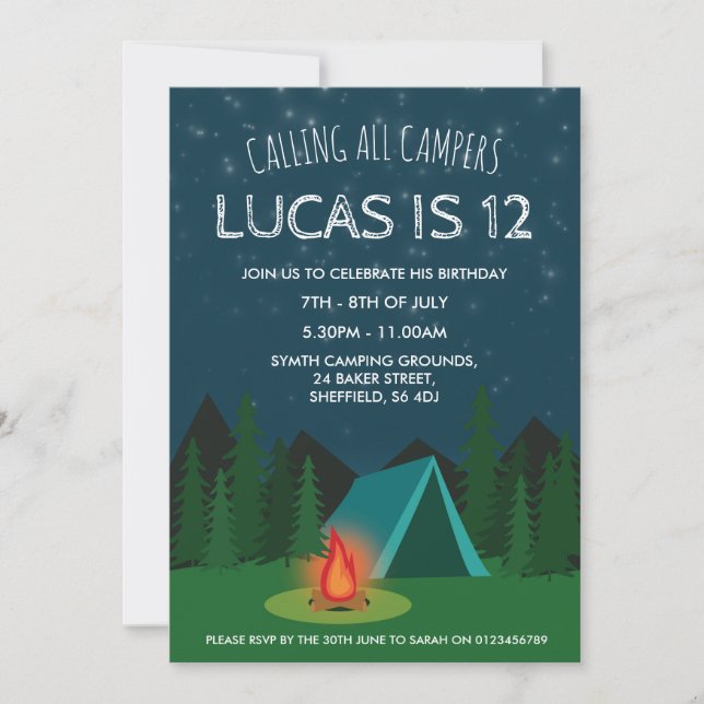 Camping themed birthday party invitation (Front)