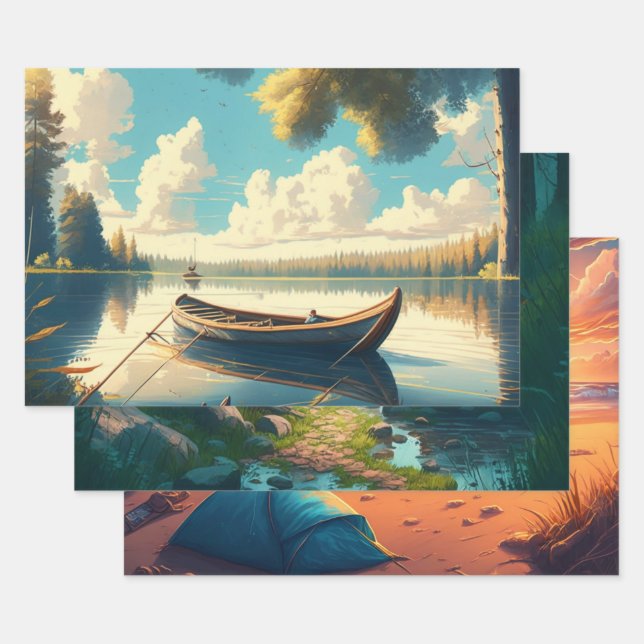 Camping Themed Birthday Wrapping Paper Sheet (Set)