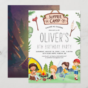 Camping Themed Kids Summer Camp Birthday Party Invitation