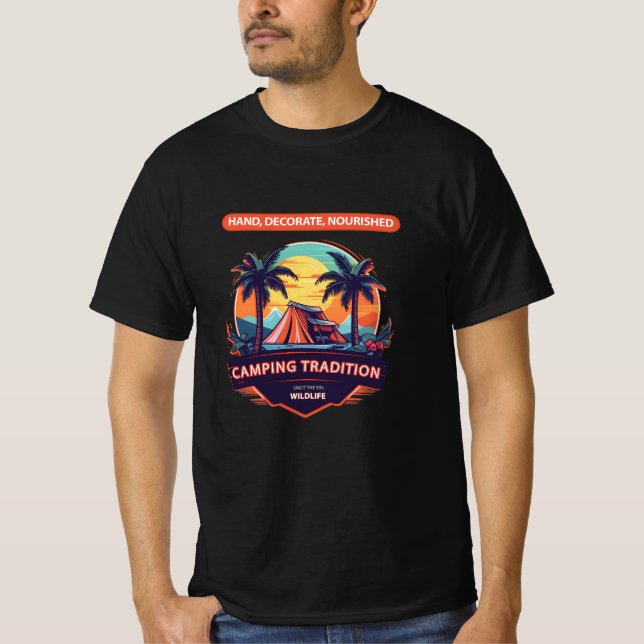 Camping Tradition: Sunset Adventure Under PalmTree T-Shirt (Front)