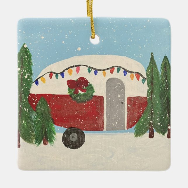 Camping Trailer at Christmas Ceramic Ornament (Front)