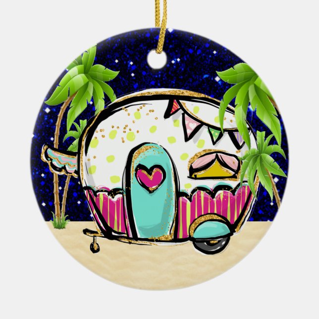 Camping Trailer Ceramic Tree Decoration (Front)