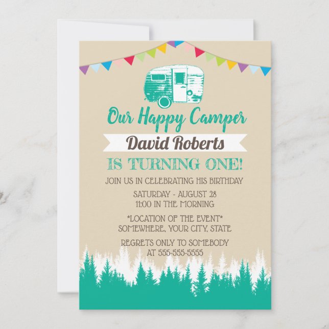 Camping Trailer Happy Camper Birthday Invitation (Front)