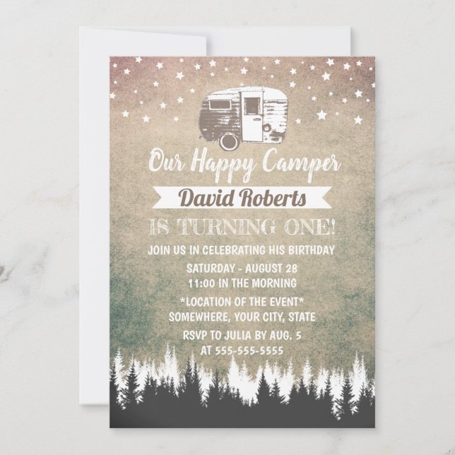 Camping Trailer Happy Camper Rustic Birthday Invitation (Front)
