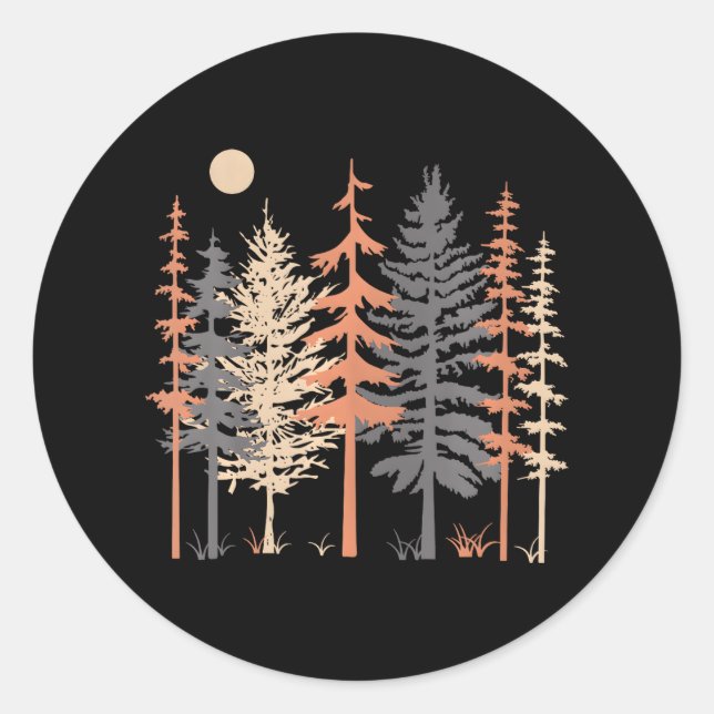Camping tree scene Forest hiking trendy Classic Round Sticker (Front)