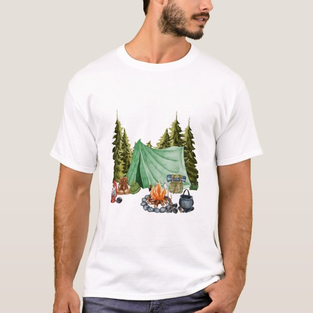 Camping Trip Campfire, Tent, Camping in the Woods T-Shirt (Front)