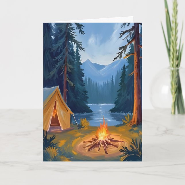 Camping Trip Forest Campfire Tent Watercolor Card (Front)