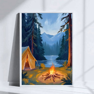 Camping Trip Forest Campfire Tent Watercolor Poster