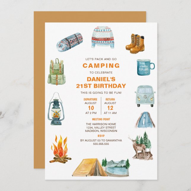 Camping Watercolor Campout Outdoors Birthday Invitation (Front/Back)