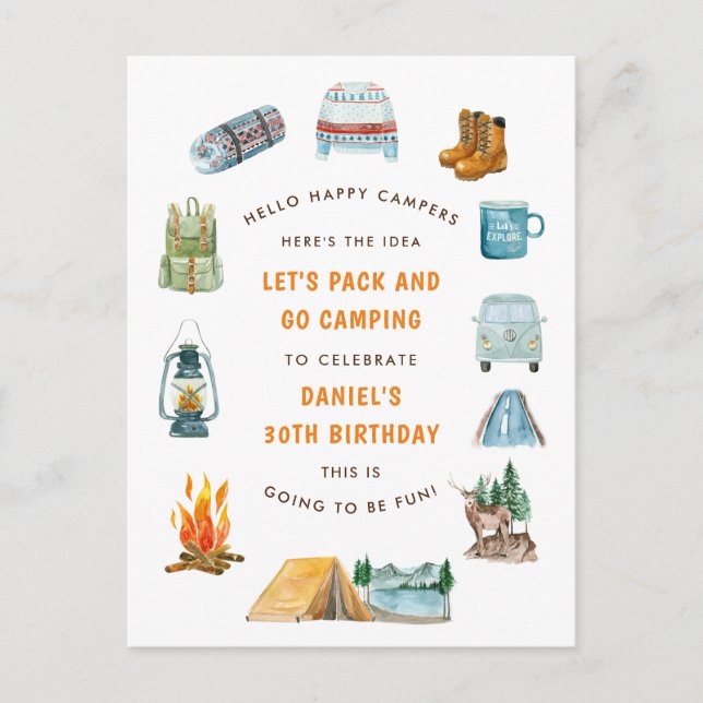 Camping Watercolor Campout Outdoors Birthday Invitation Postcard (Front)