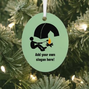 Camping with Tent and Campfire - your own text Metal Tree Decoration