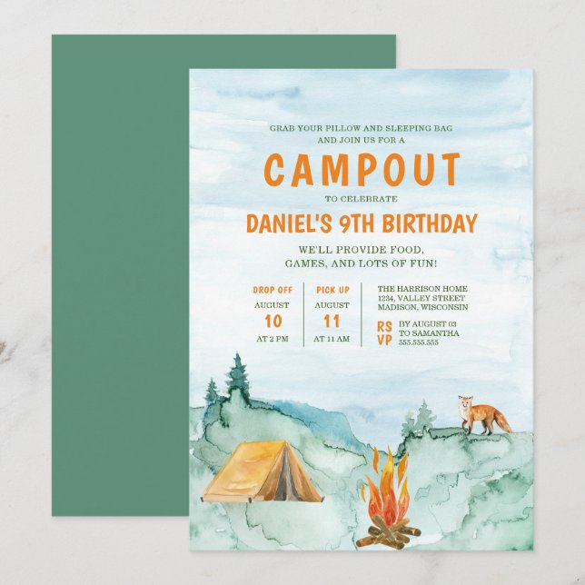Camping Woodland Watercolor Tent Campout Birthday Invitation (Front/Back)
