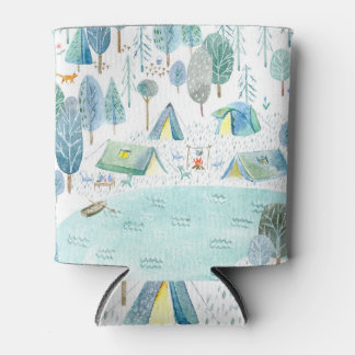 Camping woods, lake seamless pattern. can cooler