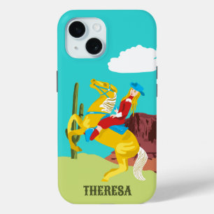 Campy Western Cowgirl on Horse Personalised iPhone 15 Case