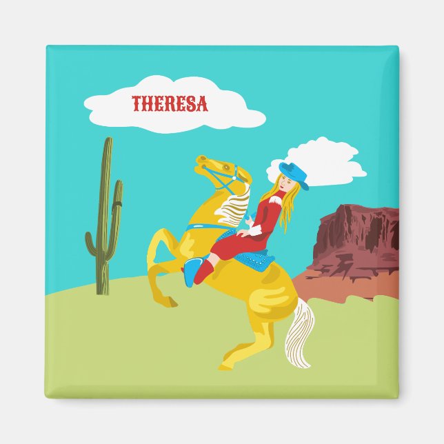 Campy Western Cowgirl on Horse Personalised Magnet (Front)