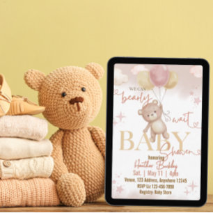 Can Bearly Wait Bear Balloons Pink Tan Baby Shower Invitation