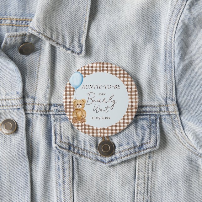 Can Bearly Wait Boy Baby Shower Aunt-To-Be 7.5 Cm Round Badge (In Situ)