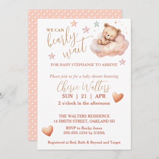 Can Bearly Wait-Girl Teddy Bear Asleep on Cloud Invitation (Front/Back)