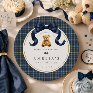Can Bearly Wait Plaid Polo Teddy Bear Paper Plate