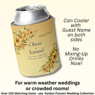 Can Cooler  with Guest Name Golden Yellow Flowers