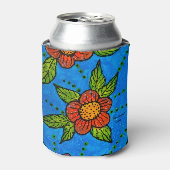 Can Cooler with red flowers on turquoise (Can Front)