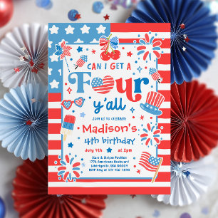 Can I Get Four Y'all 4th Of July 4th Birthday Invitation