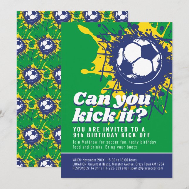 Can you kick it green soccer ball birthday party invitation (Front/Back)