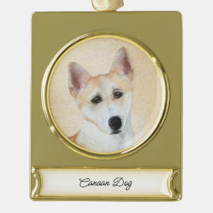 Canaan Dog Painting - Cute Original Dog Art Gold Plated Banner Ornament