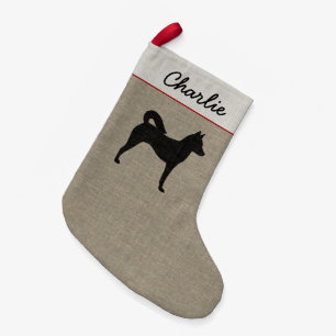 Canaan Dog Silhouette Faux Linen Custom Holiday Small Christmas Stocking