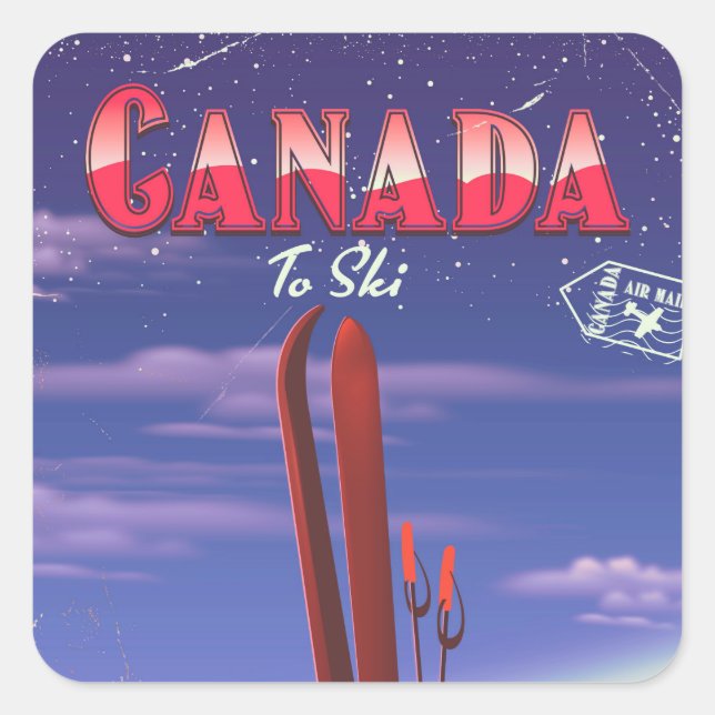 Canada Air mail to ski postcard illustration. Square Sticker (Front)