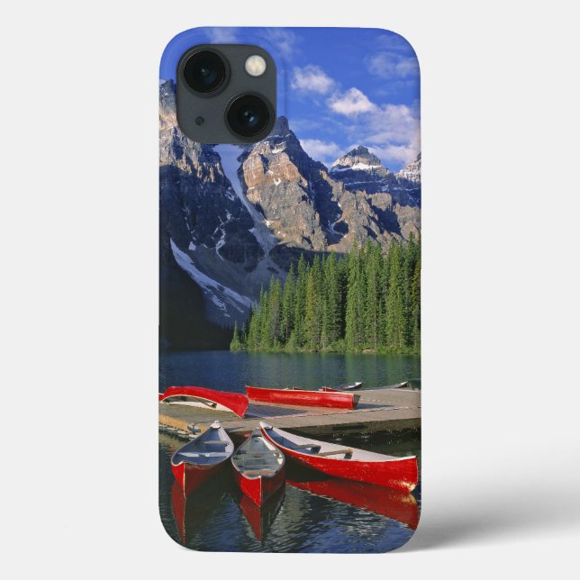 Canada, Alberta, Moraine Lake. Red canoes await Case-Mate iPhone Case (Back)