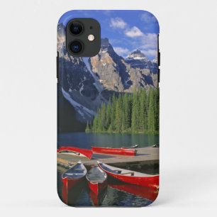 Canada, Alberta, Moraine Lake. Red canoes await Case-Mate iPhone Case